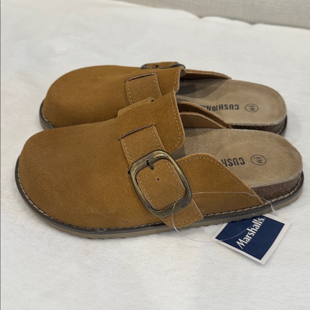 Tan Suede Slip-On Clogs with Buckle